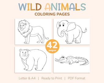 42 páginas para colorear de animales salvajes para niños, libro para colorear, imágenes y actividades para fiestas (tamaños A4 y carta EE. UU.)