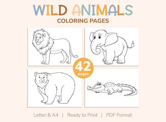 42 Printable Wild Animals Coloring Pages for Kids, Colouring Book, Pictures, Party Activity - A4 and US Letter