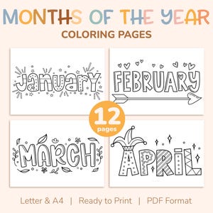 12 páginas imprimibles para colorear con los nombres de los meses para niños. Libro para colorear de los meses del año, actividad para fiestas - Tamaño carta (EE. UU.) y A4