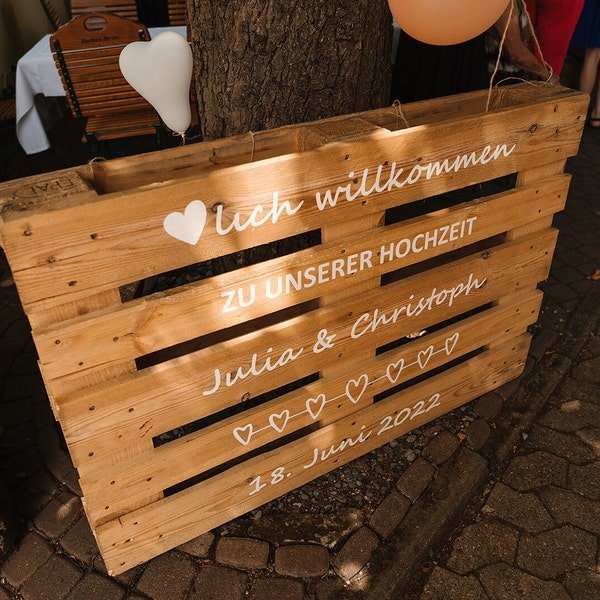 Palettenaufkleber „Hochzeit“ Willkommensgruß individuell anpassbar zum selbst kleben