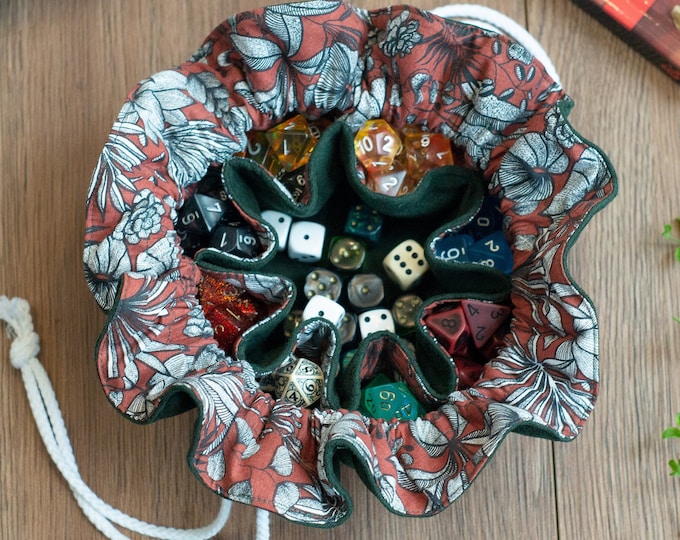 Red Forest Dice Bag - Size M - Fabric Drawstring Bag with 8 pockets