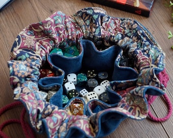 Ancient Flowers Dice Bag - Fabric Drawstring Bag with 8 pockets