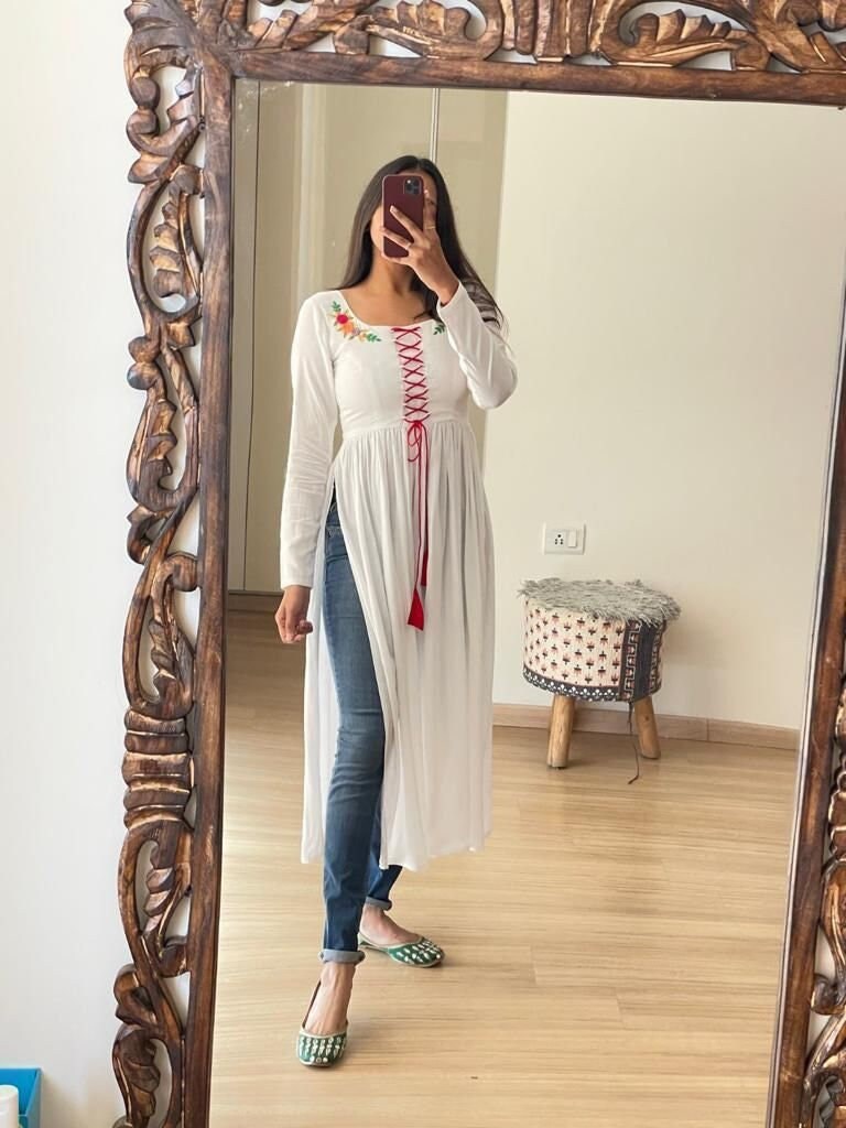 Buy Embroidered Long Sleeves Asymmetrical White Kurti/Kurta/Top For Women  From Patangaa at Amazon.in