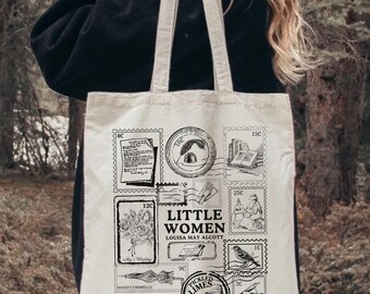 Little Women Cotton Canvas Bag, Louisa Alcott Book Tote Bag, Vintage Stamp Aesthetic Totes, Gifts For Readers, March Sisters Reading Totebag