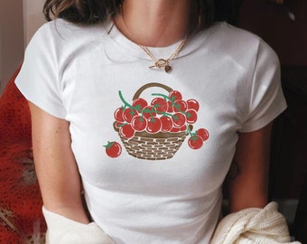 Tomato Girl Baby Tee, Retro Tomato Graphic Tee, Coquette Baby Tee, 90s Baby T-Shirt, Y2K Aesthetic, Vintage Fruit Print, Foodie Shirt, Gift