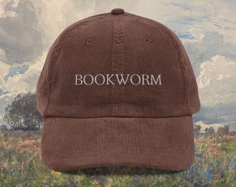 Bookish Embroidered Corduroy Hat, Bookworm Library Hat, Vintage Literature Fantasy Book Merch, Book Lover Gifts Aesthetic Dark Academia Cap