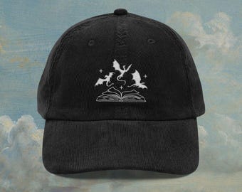 Bookish Embroidered Corduroy Hat, Fantasy Dragon Reading Hat, Vintage Literature Bookworm Merch Book Lover Gifts Aesthetic Dark Academia Hat
