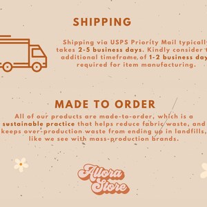 May include: Beige background with text about shipping via USPS Priority Mail and made-to-order products. Includes a graphic of a delivery truck and the store logo, "Allora Store."