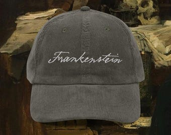 Frankenstein Embroidered Cap, Mary Shelley Bookish Hat, Vintage Corduroy Literary Gift, Classic Literature Cap, Halloween Movie Lover Gifts
