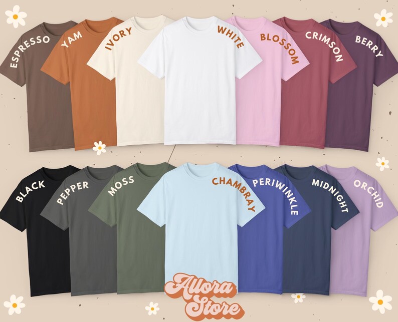 May include: A collection of short-sleeved t-shirts in various colors, including espresso, yam, ivory, white, blossom, crimson, berry, black, pepper, moss, chambray, periwinkle, midnight, and orchid. The text "Allora Store" is at the bottom.
