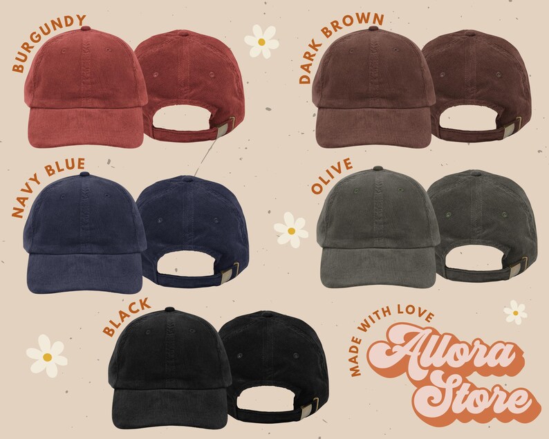 May include: A selection of corduroy baseball caps in shades of burgundy, dark brown, navy blue, olive, and black. Each cap is displayed from the front and back, with an adjustable strap. The text "Burgundy", "Dark Brown", "Navy Blue", "Olive", and "Black" are shown.