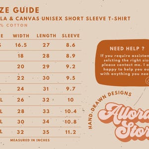 May include: A size guide for Bella & Canvas unisex short sleeve t-shirts, made of 100% cotton. The guide includes measurements in inches for sizes XS to 5XL, with width, length, and sleeve dimensions. The image also includes the text "Need Help?" and the store name "Allora Store".