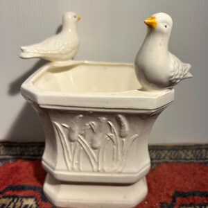 May include: A square off-white ceramic planter featuring two sculpted birds perched on opposite corners. The exterior walls of the planter are decorated with a raised relief pattern of tall grass or reeds, and each bird has a small yellow beak.