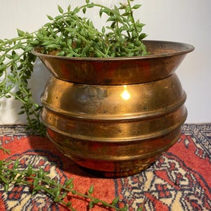 May include: A round, metallic copper planter with a wide, flared rim and three horizontal, raised ridges encircling the body. A trailing green succulent plant with small, teardrop-shaped leaves spills over the edges of the container.