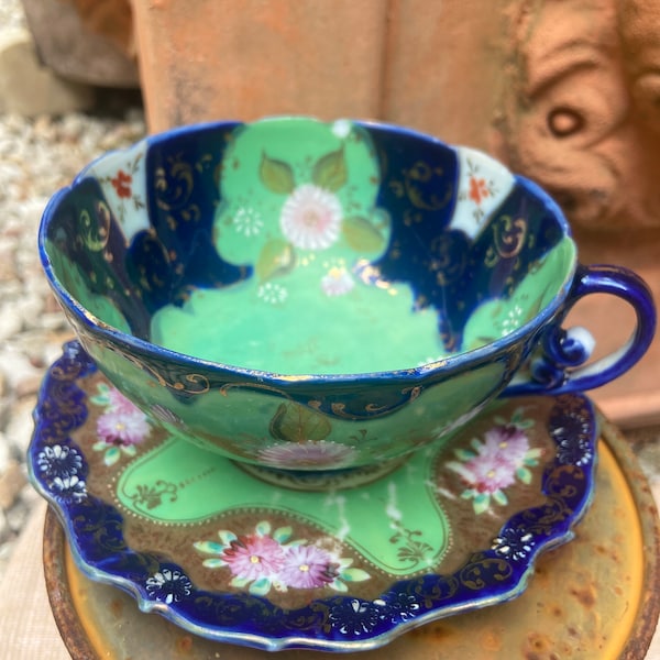 Beautiful antique tea cup and saucer - Japanese cobolt blue?