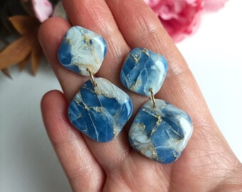 1903 | Blue Polymer Clay Earrings, Faux Stone Clay Earrings, Handmade Marble Jewelery, Statement Dangle Earrings, Lightweight Earrings