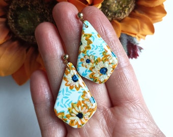 Painted Flowers Polymer Clay Earrings, Faux Stone Clay Earrings, Handmade Jewelery, Statement Dangle Earrings, Lightweight Earrings,2204