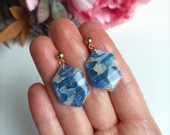 Blue Polymer Clay Earrings, Faux Stone Clay Earrings, Handmade Marble Jewelery, Statement Dangle Earrings, Lightweight Earrings,1903