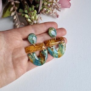 Whisper of Teal – Triple Element Polymer Clay Earrings, Bold Teal & Amber Arch Dangles, Handmade Statement Jewelry, Gift for Her, 0507
