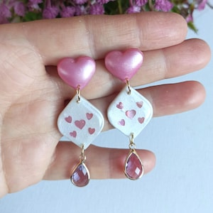 Painted Harts Polymer Clay Earrings, Valentines Day Polymer Clay Earrings ,Handmade Jewelery, Statement Dangle, Lightweight Earring, 1202