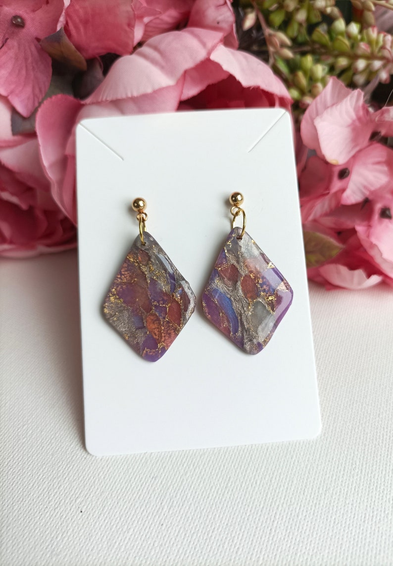 0103/ Pendientes de arcilla, Pendientes de arcilla polimérica de piedra sintética, Pendientes colgantes, Joyas de mármol, Ligero, Hecho a mano, Pendientes de primavera, Pendientes de boda imagen 4