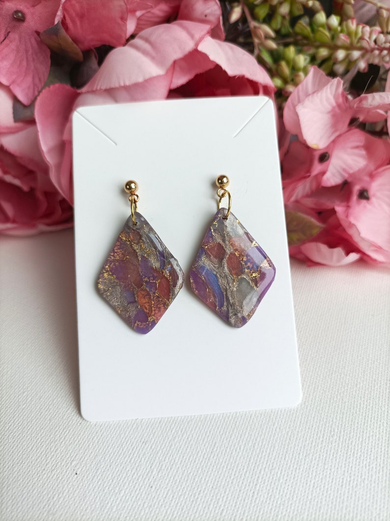 0103/ Pendientes de arcilla, Pendientes de arcilla polimérica de piedra sintética, Pendientes colgantes, Joyas de mármol, Ligero, Hecho a mano, Pendientes de primavera, Pendientes de boda imagen 2