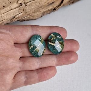Whisper of Teal Oval Studs, Teal & Gold Polymer Clay Earrings, Faceted Handmade Studs,Lightweight Gift for Her, 0507