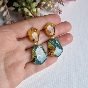 Whisper of Teal - Faceted Polymer Clay Earrings, Amber & Teal Gem-Inspired Dangles, Lightweight Statement Jewelry, Gift for Her, 0507
