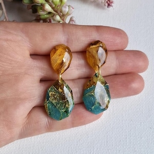 Whisper of Teal - Faceted Polymer Clay Earrings, Amber & Teal Gem-Inspired Dangles, Lightweight Statement Jewelry, Gift for Her, 0507