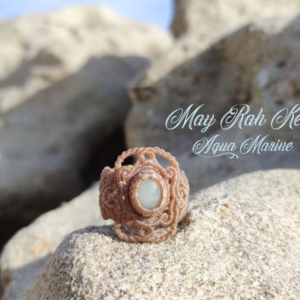 AquaMarine Macrame Ring, Boho Chic Handcrafted Ornament, Gift for Her, Anniversary Gift, Unique Gifting Ideas for Her, Knuckle Fingerware,