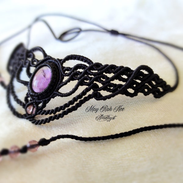 Ras de cou améthyste noire, tour de cou améthyste 2023, collier améthyste en macramé, perle de verre violet lavande, accessoire péruvien en macramé