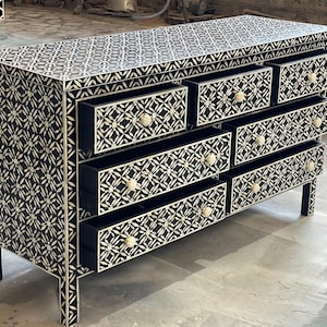 Floral Bone Inlay Cabinet: Handmade Mango Wood Boho Sideboard