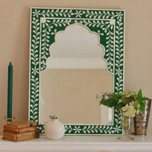 Green Bone Inlay Wall Mirror: Handmade Floral Boho Home Decor