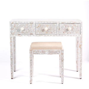 Mother of Pearl Inlay Console Table with Stool: Handmade Floral Vanity Desk