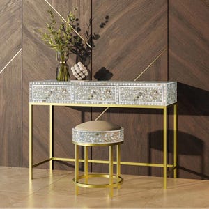 Bone Inlay Vanity Table with Stool | White Floral Dressing Table with Drawers | Handmade Indian Inlay Furniture | Boho Makeup Desk