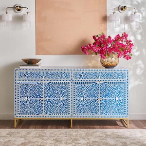 Blue Bone Inlay Sideboard – Handmade Floral Vine Cabinet (Blue Background, Gold Brass Base)