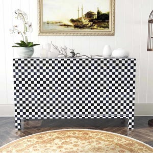 Bone Inlay Sideboard | Handmade Checkered Console Cabinet | Indian Boho Storage Dresser | Entryway Accent Furniture