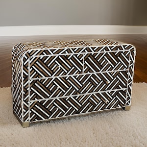 Bone Inlay Chest of Drawers – Black White Geometric Handmade Dresser, Modern Storage Cabinet