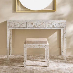Mother of Pearl Inlay Console with Stool | Handmade Vanity Table Set | MOP Dressing Table | Boho Inlay Furniture | Bedroom Decor Combo