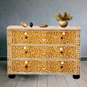 Handmade Bone Inlay Dresser: Mustard Yellow Floral 3-Drawer Chest with free gift