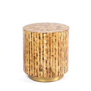Handmade Bone Inlay Side Table: Round Boho Accent Table with Brass Base