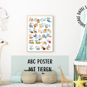 May include: A colorful alphabet poster with animals for each letter. The poster is framed and hanging on a white wall in a nursery. The nursery also features a crib, a giraffe toy, and a woven basket.