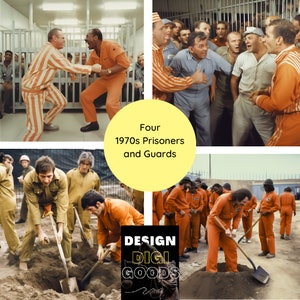 1970s Prisoner and Guard Arguing While Other Inmates Keep Digging Digital Drawing Prison Break 1970s Prison Art