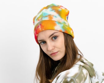 Tie-dye beanie in multicolor, Winter knitted hat, Organic cotton skull cap, Streetstyle accessory hat for adults teens, Handmade warm gift