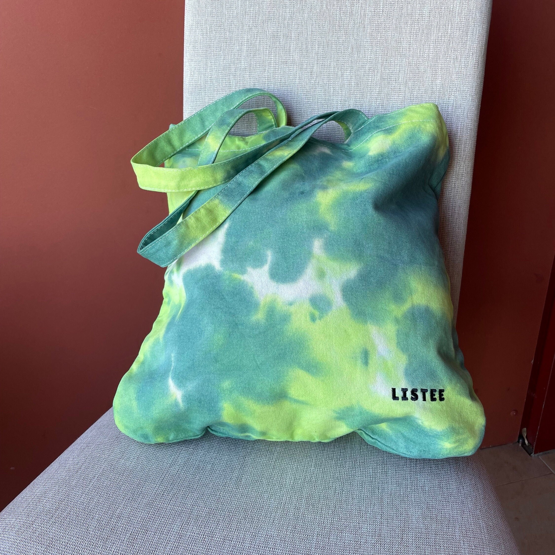 Sac Fourre-tout Tie Dye Teint Main - Coton Naturel, Bleu/jaune/vert, Style Hippie Des Années 90