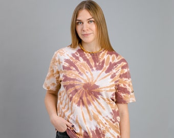 Tie-dye t-shirt with brown neutral tones, Handmade spiral design tee, Unisex clothing, High quality short sleeves shirt, Christmas gift tee