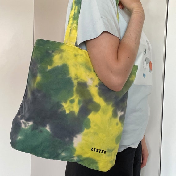 Handmade Tie Dye Organic Cotton Tote Bag: Green Yellow Bohemian