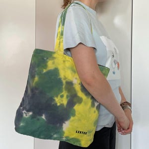 Tie dye tote bag, Green & yellow canvas cotton tote bag, Stylish handmade beach tote bag, Farmers market bag, Bohemian style bag for books