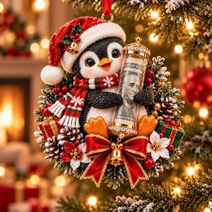 May include: A Christmas tree ornament featuring a penguin wearing a red Santa hat and a red and white scarf. The penguin holds a clear cylindrical tube containing a rolled-up one hundred dollar bill. The ornament is decorated with pine cones, red berries, small gift boxes, and a large red bow with a gold bell.