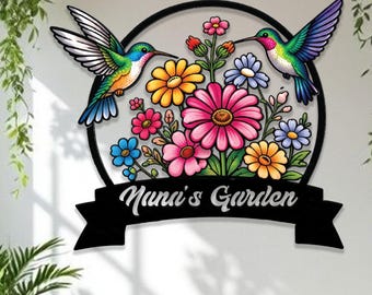 Personalized Garden Sign with Hummingbirds | Custom Flower Garden Stake | Metal Yard Decor | Outdoor Garden Sign | Gift for Gardener |